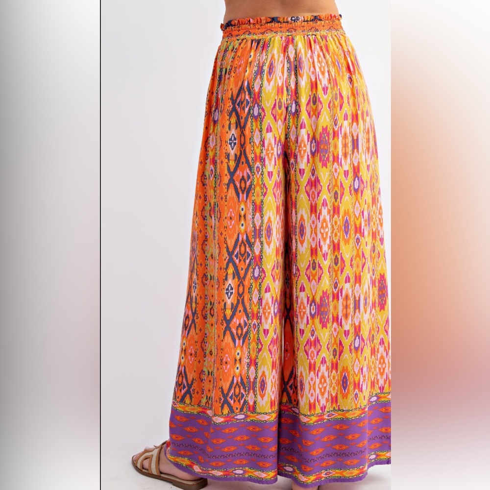 852 🌻 1 left EASEL ETHNIC BORDER PRINT RAYON CHALLIS WIDE LEG PANTS - Picture 2 of 4